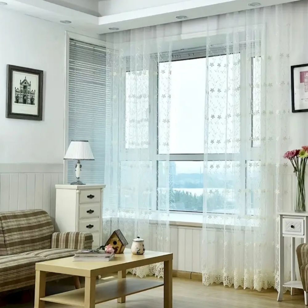 Sheer White Floral Curtain Panel